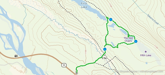 Track log/map of the Valley of the Five Lakes hike- Jasper National Park, Alberta