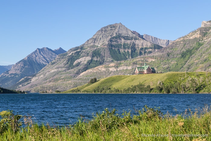 Prince of Wales hotel on a bluff between Middle and Upper Waterton Lakes.