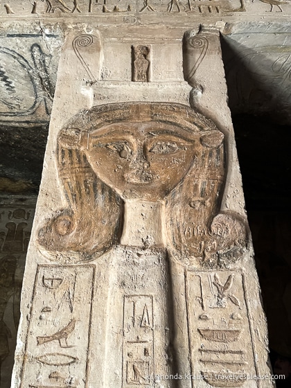Column decorated with an image of Hathor inside the Temple of Hathor and Nefertari at Abu Simbel.
