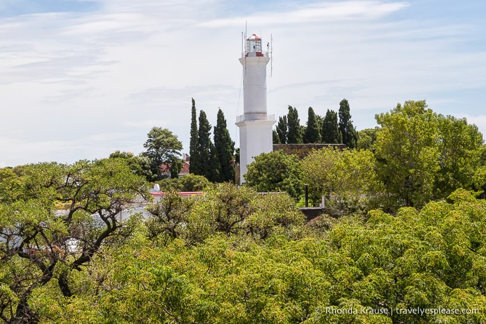 Colonia del Sacramento lighthouse towering over the treetops.