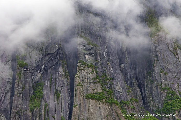 Rocky cliff face shrouded in cloud.
